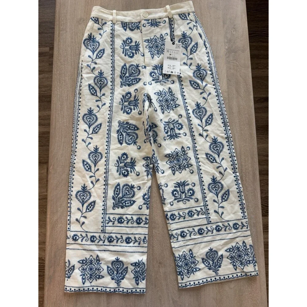 Zara NWT Embroidered Linen Blend Straight Leg Pants Ivory & Blue Pattern Size XS - Picture 2 of 9
